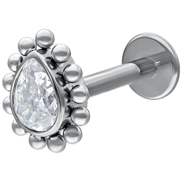 Valkokultainen labret pisaranmuotoisella kristallilla valkoisella taustalla