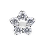 Fiore d'argento in titanio con cinque cristalli chiari su sfondo bianco