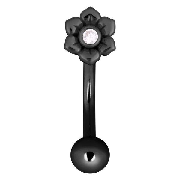 Piercing Bananabell negro con diseño de flores y cristal claro sobre fondo blanco