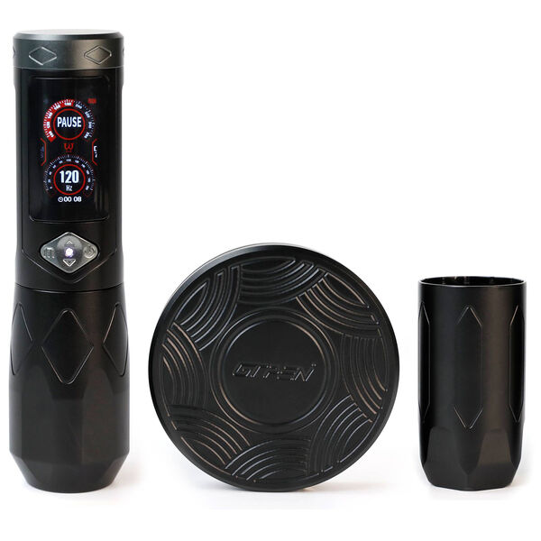 Penna per tatuaggi wireless GTR grigia con impugnatura rimovibile su sfondo bianco