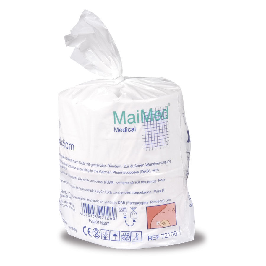 Confezione di tamponi di cellulosa non sterili 4x5 cm di MaiMed su sfondo bianco