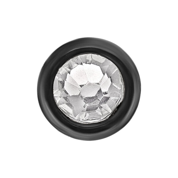Accesorio redondo de titanio negro con cristal claro sobre fondo blanco
