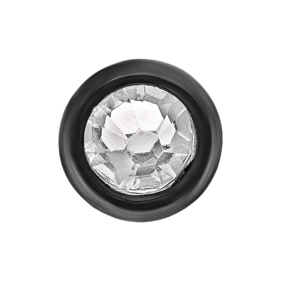 Accessorio rotondo in titanio nero con cristallo chiaro su sfondo bianco