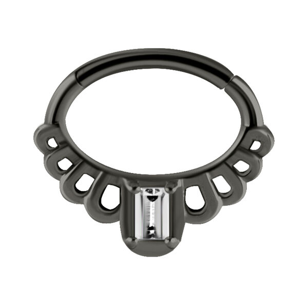 Schwarzer Hinged Princess Clicker aus Chirurgenstahl mit kristallklarem Stein auf weißem Hintergrund