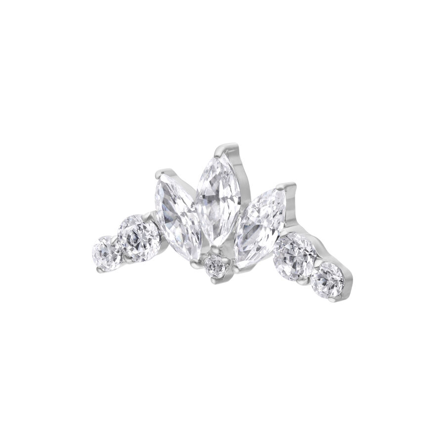 Accessorio per arco tiara in titanio argento con cristalli chiari su sfondo bianco