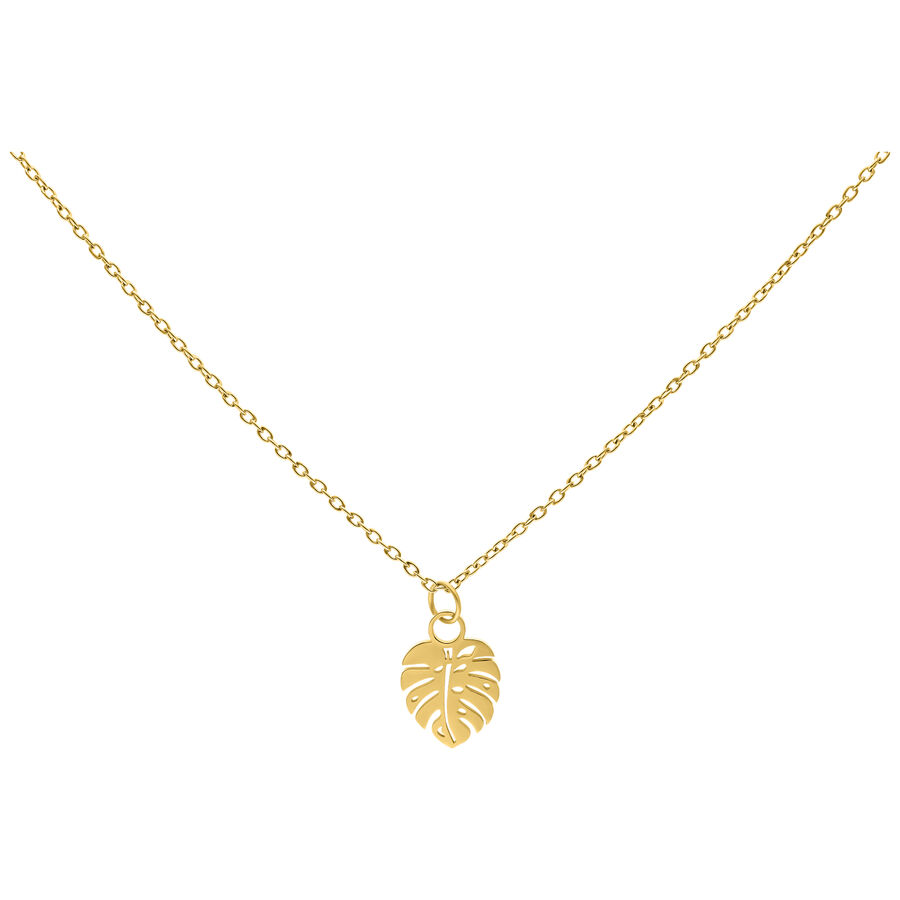 Goldene Monstera Leaf Kette aus Chirurgenstahl auf weißem Hintergrund