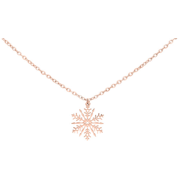 Collar en oro rosa con colgante de copo de nieve sobre fondo blanco