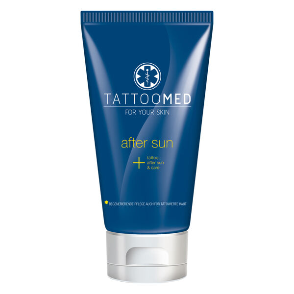 TattooMed® After Sun Lotion in tubo blu su sfondo bianco