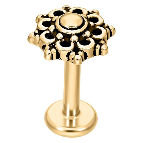 Labret dorado con diseño de mandala, de acero quirúrgico, sobre fondo blanco