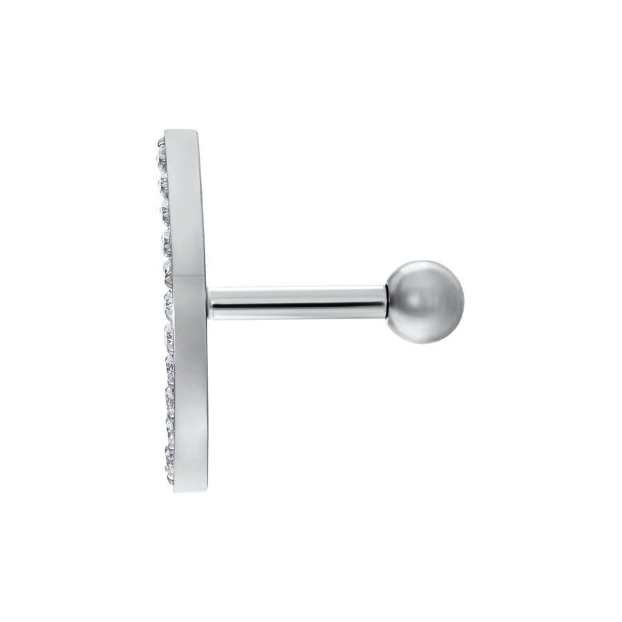 Barbell d'orecchio argento con decorazione di cristalli su sfondo bianco
