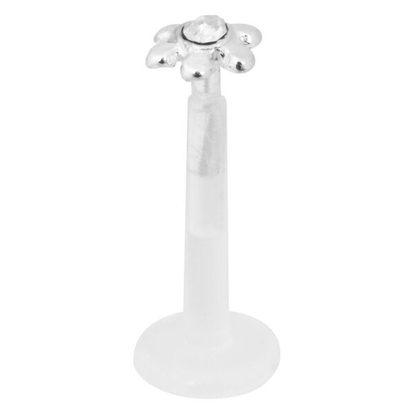 Labret de flor plateada de Bioplast con cristal claro sobre fondo blanco