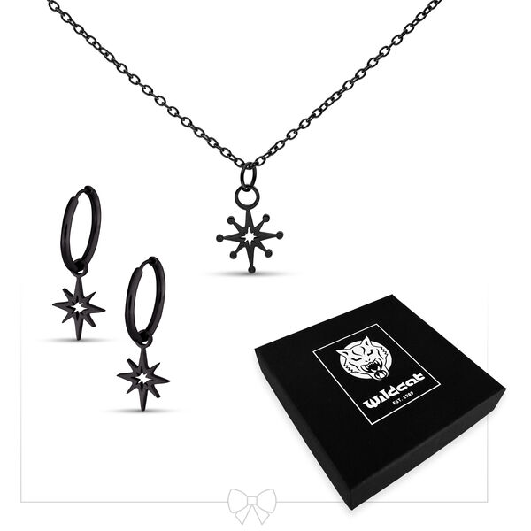 Collar de estrella polar negra con pendientes a juego sobre fondo blanco