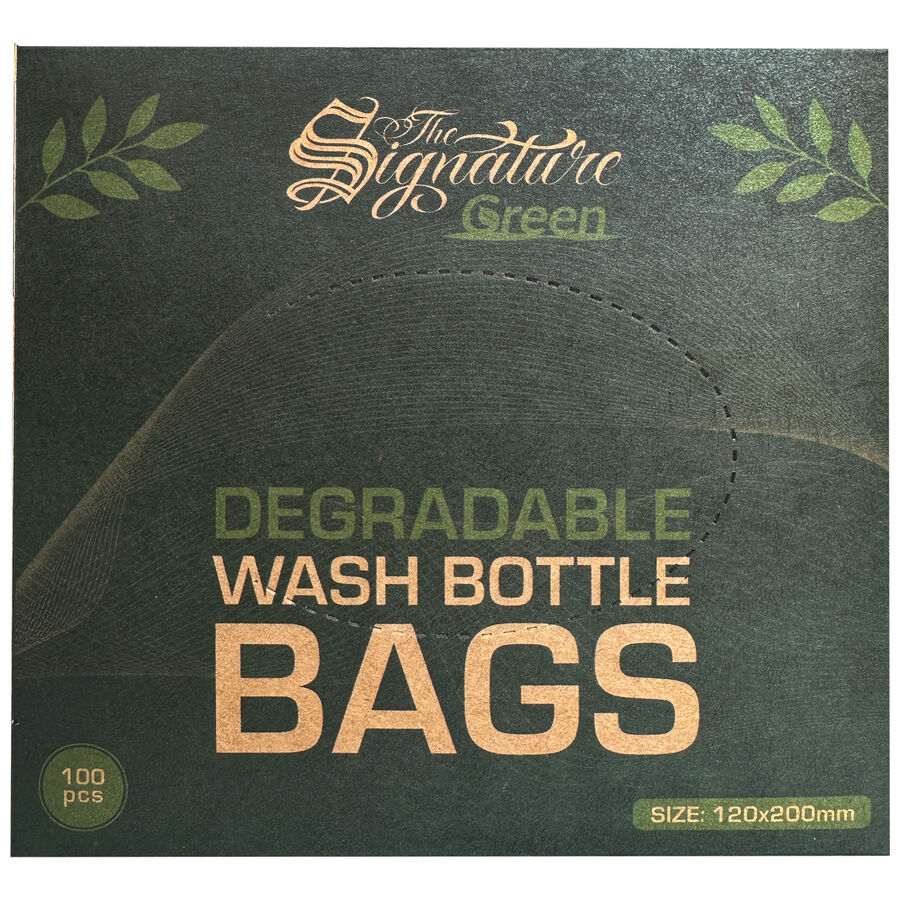 Confezione verde scuro dei sacchetti per bottiglie biodegradabili con scritta dorata