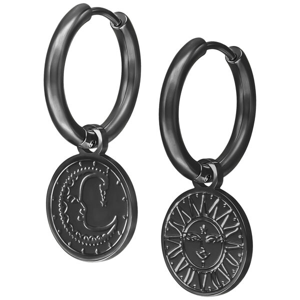 Dos pendientes negros con diseño de luna y sol sobre fondo blanco