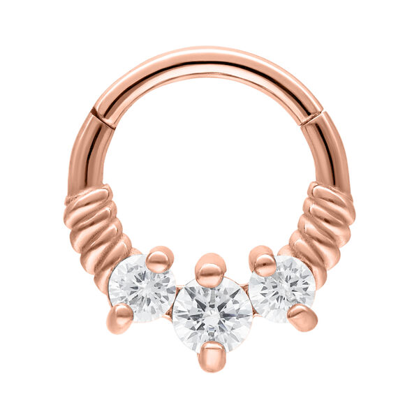 Roségoldener Septum Clicker mit drei klaren Kristallen auf weißem Hintergrund
