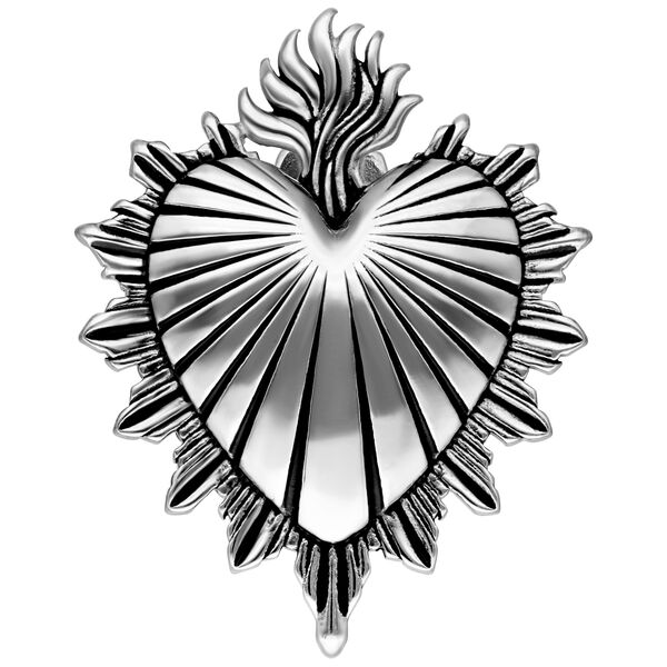 Peso per orecchio a forma di cuore color argento con motivo a fiamme su sfondo bianco