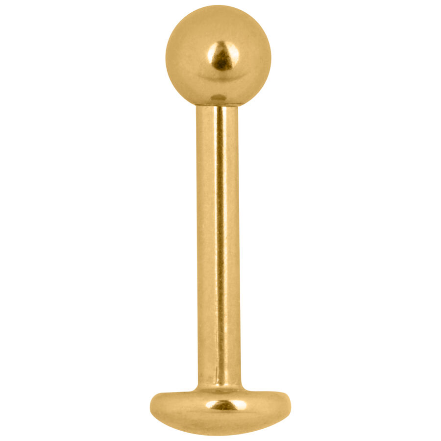 Piercing Labret Stud dorado de titanio con rosca externa sobre fondo blanco
