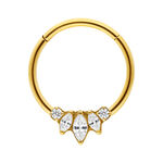 Anello clicker in titanio dorato con cinque zirconi chiari su sfondo bianco