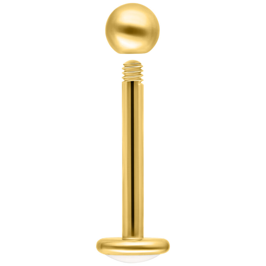 Labret dorado de titanio con rosca externa sobre fondo blanco