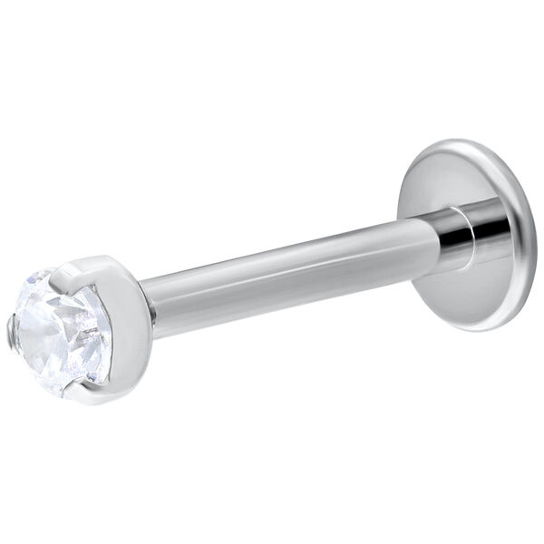 Labret Push-Fit in oro bianco con pietra cristallina, lunghezza 6 mm, dimensione sfera 2 mm, su sfondo bianco