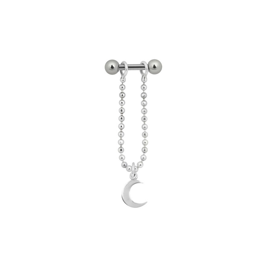 Barbell de oreja plateado con bolas y colgante de luna, fondo de estudio