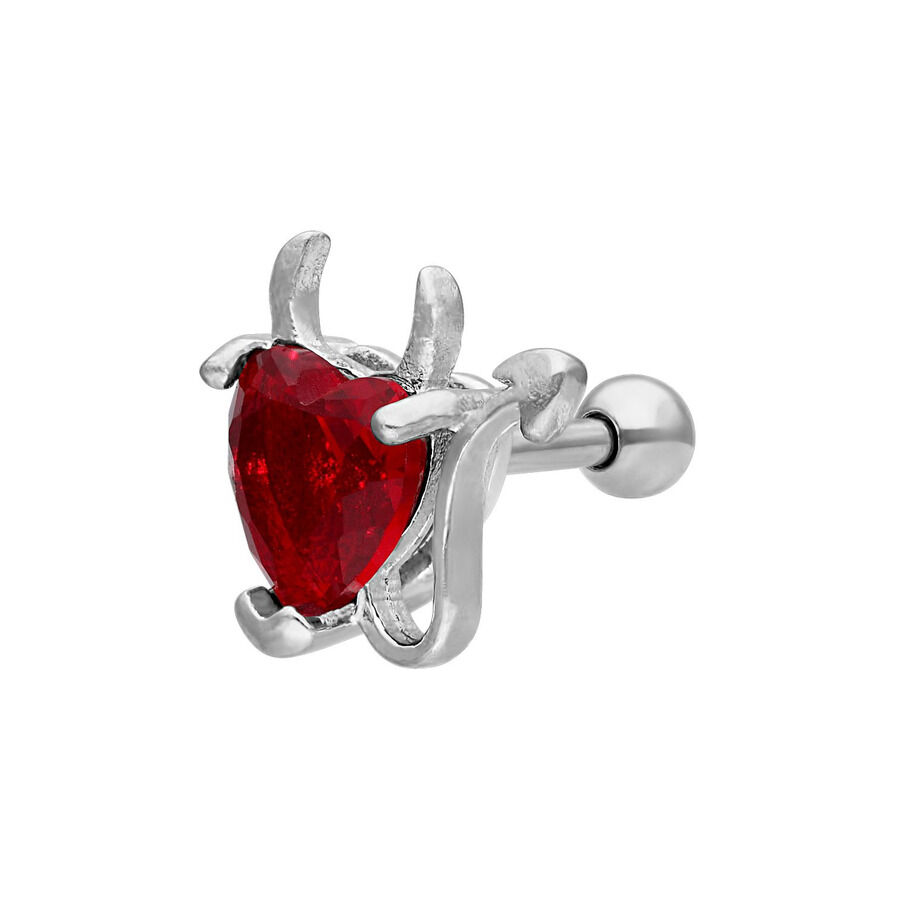 Barbell per l'orecchio in argento con cristallo rosso a forma di cuore e corna da diavolo, su sfondo bianco