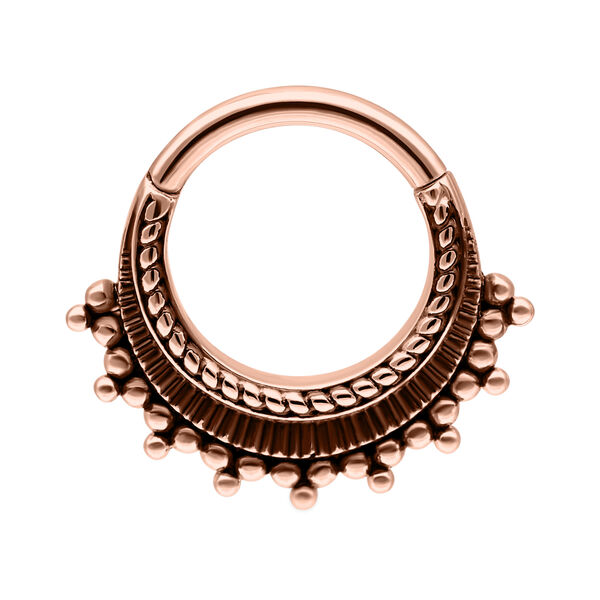 Anillo de piercing en oro rosado con bisagra y bolas decorativas sobre fondo blanco