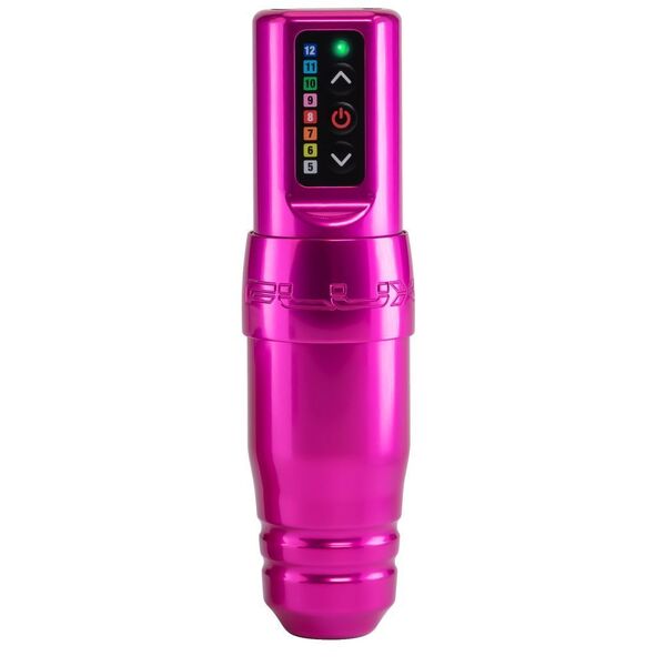 Máquina de tatuaje FK Irons Microbeau Flux S rosa sobre fondo blanco