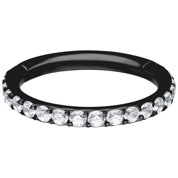 Anillo de piercing negro con cristales claros, 14 mm de diámetro, sobre fondo blanco