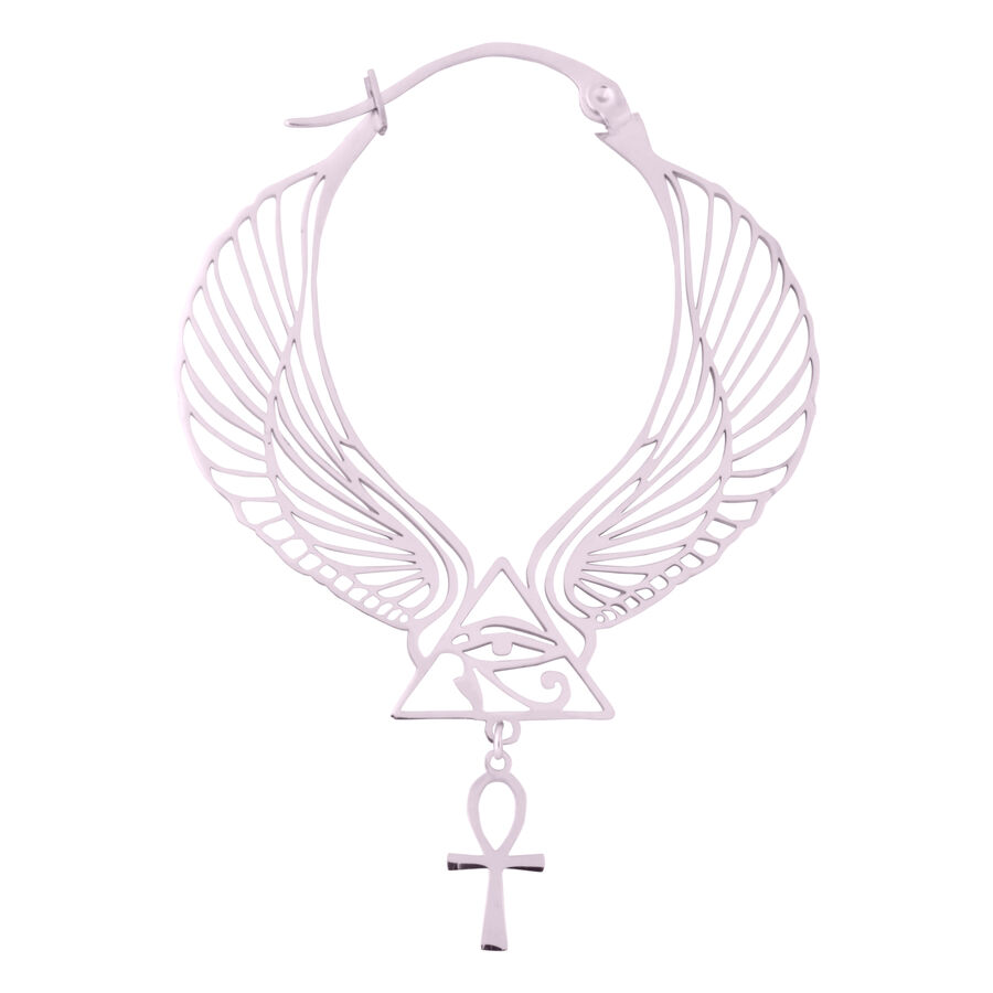 Aros Cleopatra en oro rosa con diseño de alas y colgante Ankh sobre fondo blanco