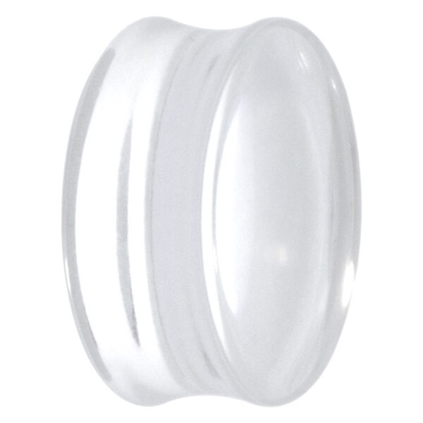 Transparenter Acryl Plug in klarer Farbe auf weißem Hintergrund