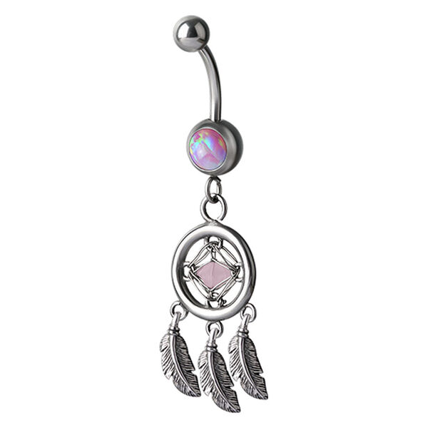 Silbernes Bauchnabelpiercing mit rosa Opal und Traumfänger-Design auf weißem Hintergrund