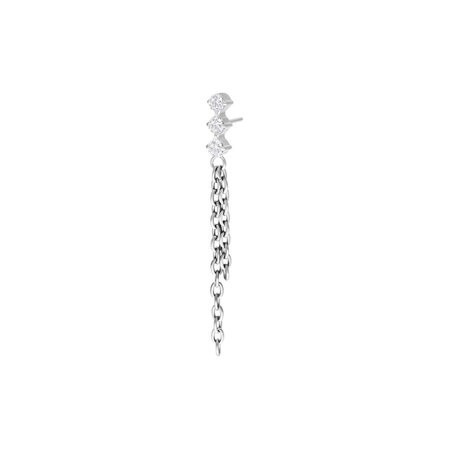 Inserto piercing argento con tre cristalli chiari e catene pendenti su sfondo bianco