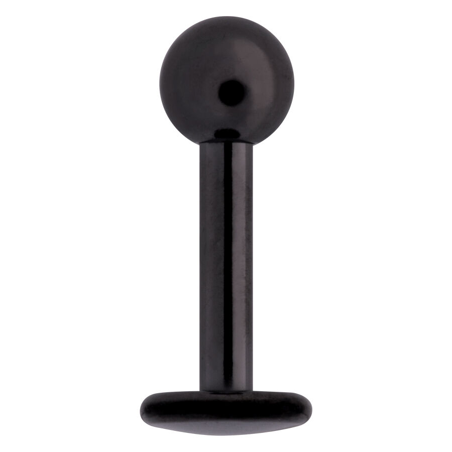 Labret de titanio negro sobre fondo blanco, colocado verticalmente