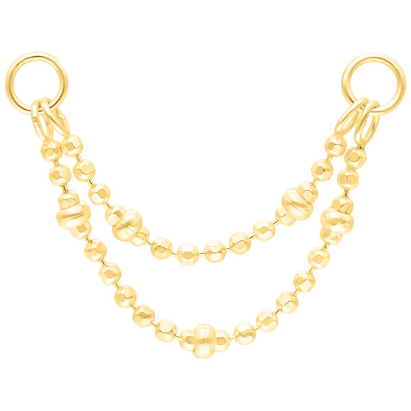 Catena piercing dorata con doppia sfera, lunghezza 20mm, su sfondo bianco