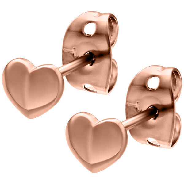 Pendientes de corazón en oro rosa sobre fondo blanco
