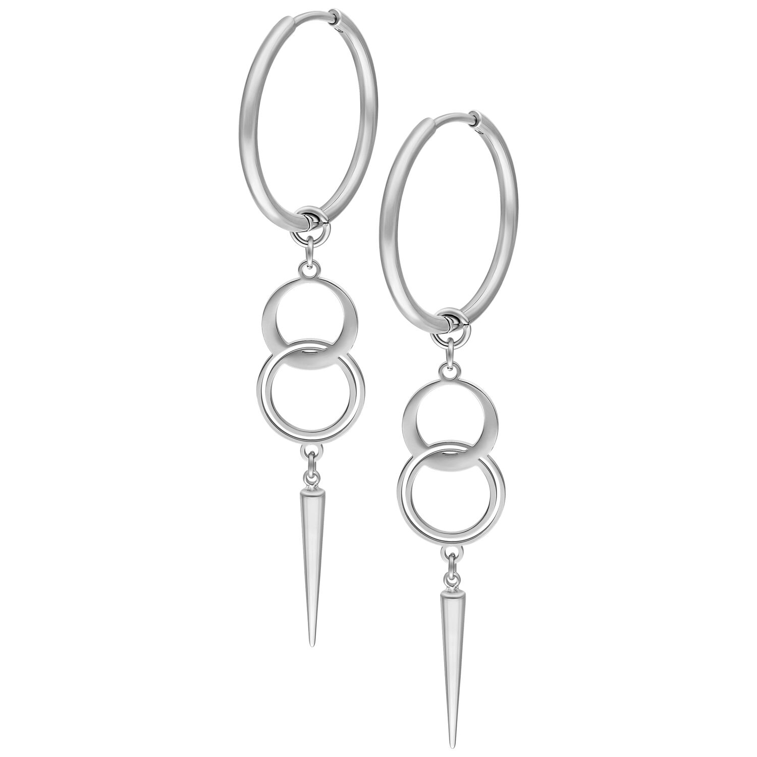 Silberne Hoops mit zwei Ringen und spitzem Anhänger auf weißem Hintergrund
