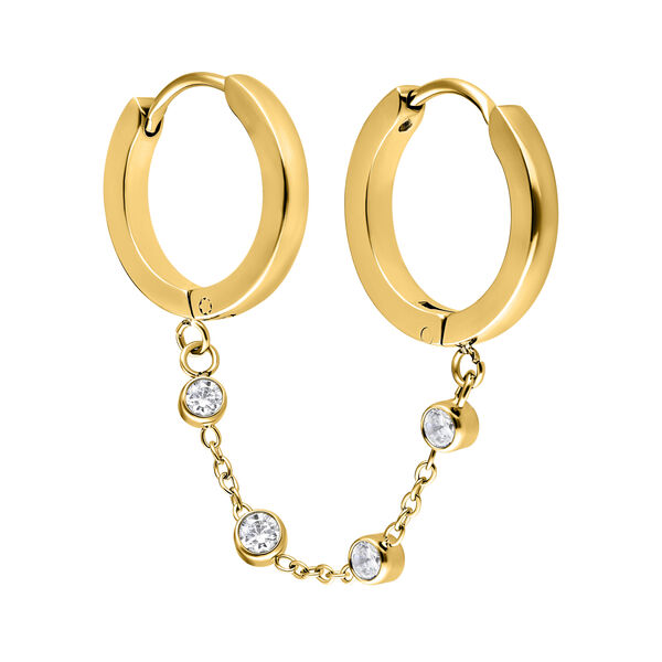 Double Huggie Connected Crystal Chain Hoops - Golden Metal