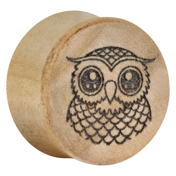 Runder Holz Plug mit detailliertem Eulenmotiv auf hellem Hintergrund