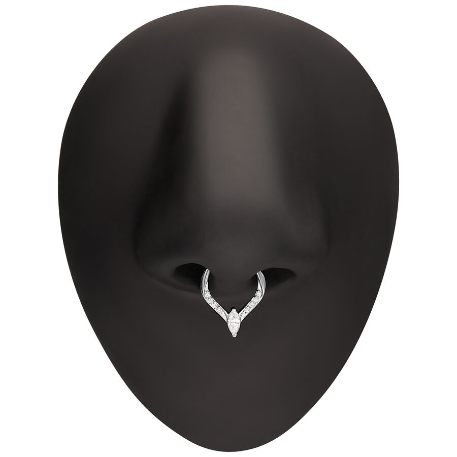 Anello piercing argento con goccia di cristallo su naso finto nero