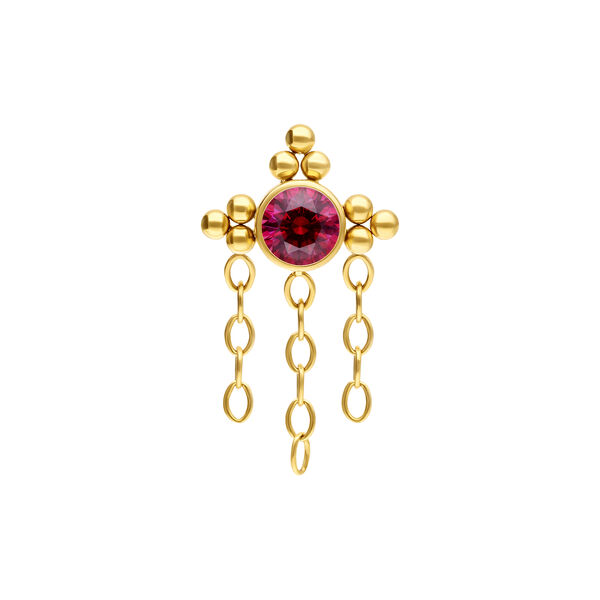 Accesorio de piercing dorado con cristal rojo y cadenas sobre fondo blanco