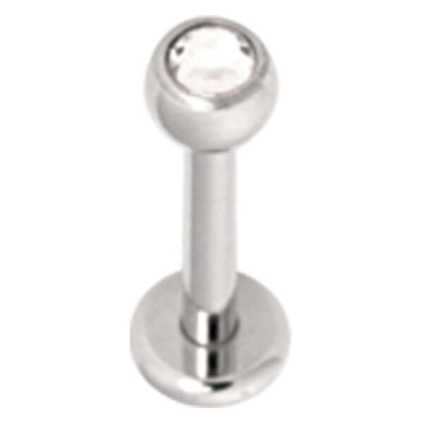 Hopeinen labret kristallinkirkkaalla kivellä, 7,0 mm pituus, 4,0 mm pallokoko