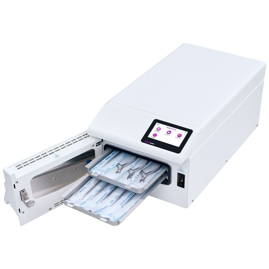 Sterilizzatore SteriHero Speed+ bianco con vano aperto e touchscreen