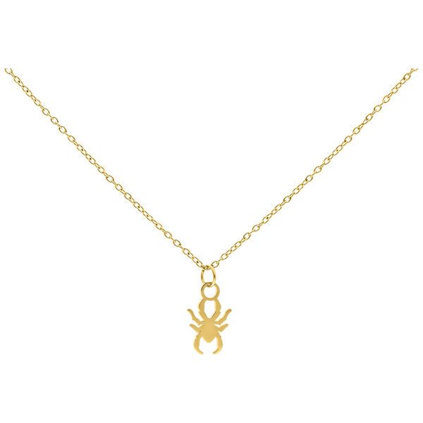 Collana dorata con piccolo ciondolo a forma di ragno su sfondo bianco
