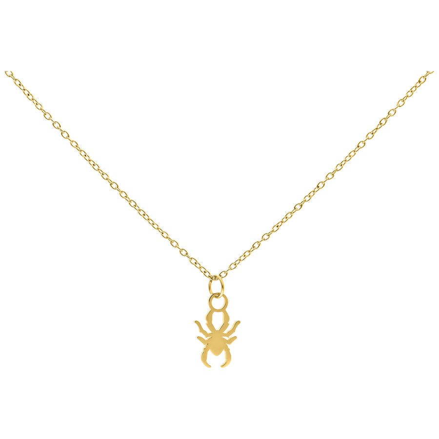 Collana dorata con piccolo ciondolo a forma di ragno su sfondo bianco