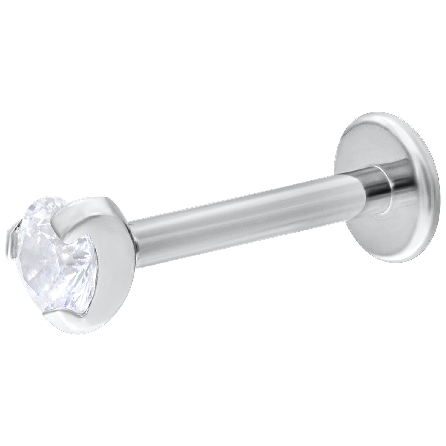 Weißgold Labret mit Kristall 6 mm Weißgold Single Crystal Push-Fit Labret, 6 mm Länge, 3 mm Kristall, auf weißem Hintergrund