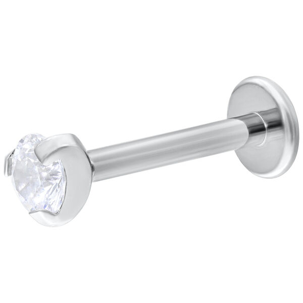 Labret de empuje con cristal único de oro blanco, 6 mm de largo, cristal de 3 mm, sobre fondo blanco