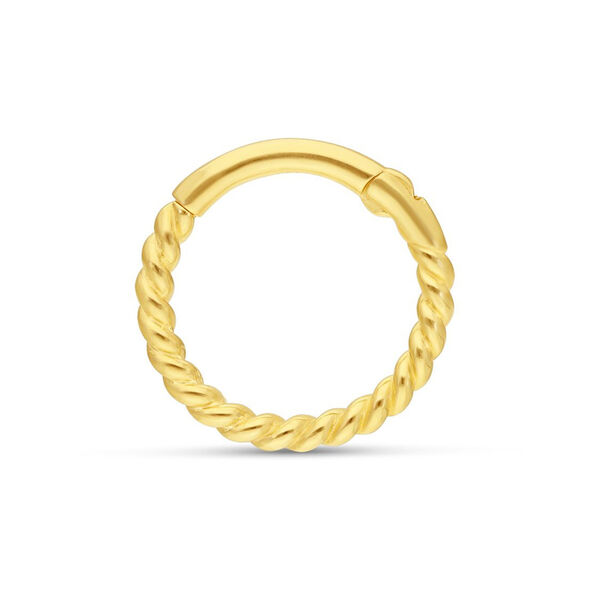 Anillo de cuerda de oro de 18K sobre fondo blanco, ideal para piercings