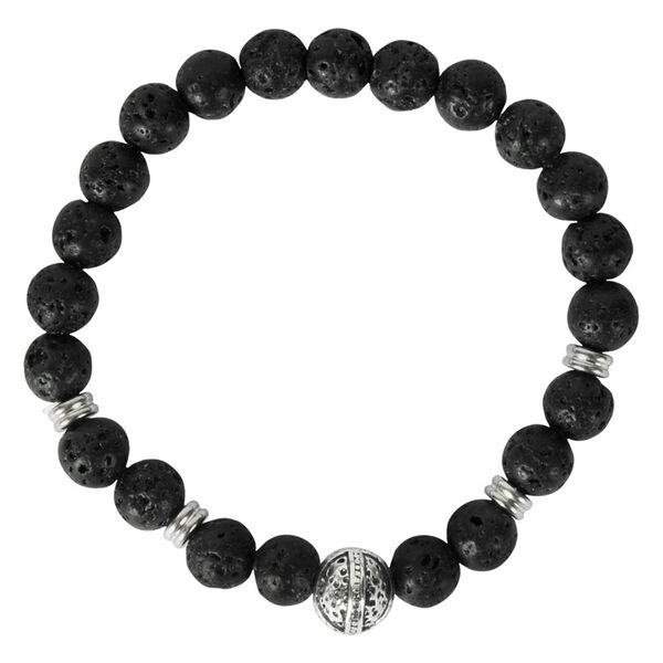 Pulsera negra con cuentas redondas de piedra y elemento de casco plateado sobre fondo blanco
