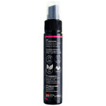 Schwarze 50ml Sprühflasche mit Piercingspray, weißer Text und Icons, auf weißem Hintergrund
